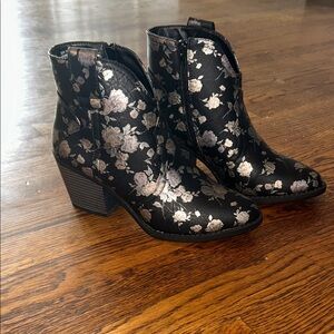 Sugar Black Floral Ankle Booties with Block Heel